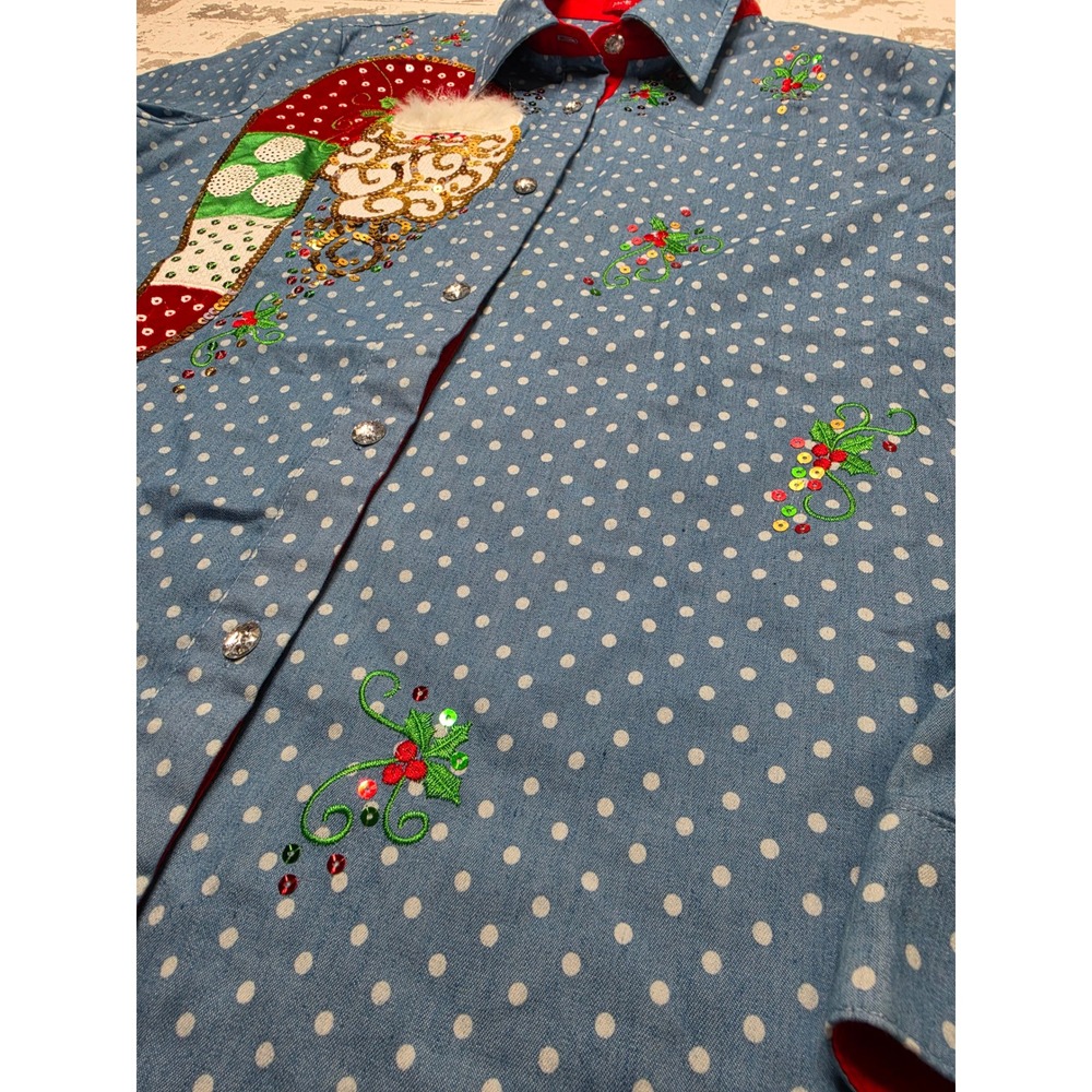 Jack B. Quick Holiday Santa Sequin Polka Dot Button Down Shirt Blue Women Large - Picture 10 of 11